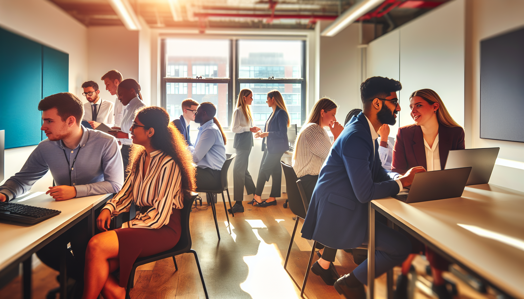 Diverse UK professionals collaborating in a modern office setting.