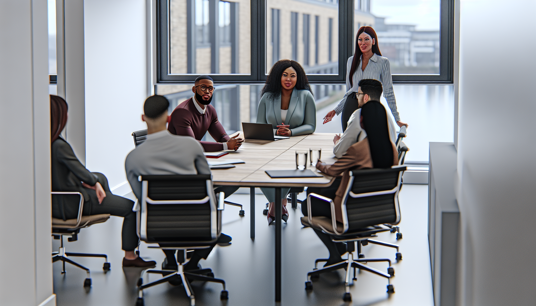 UK team meeting in a modern office with natural lighting.