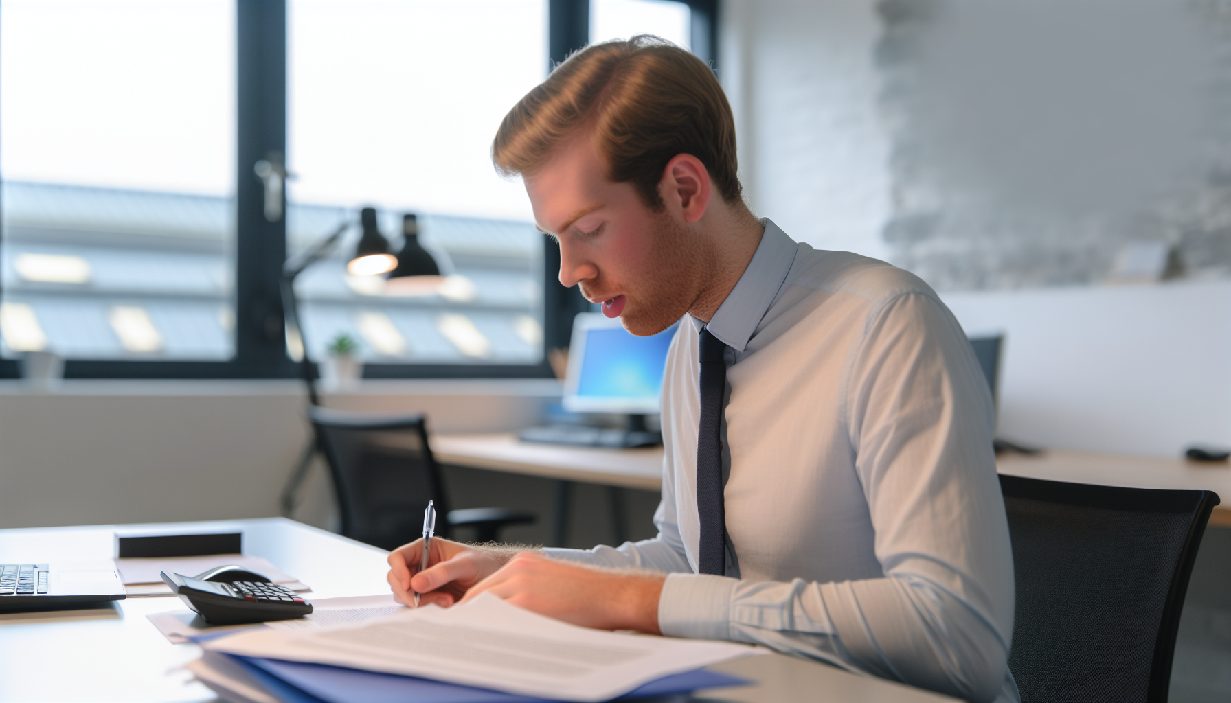 UK professional concentrating at a tidy desk in a modern office.