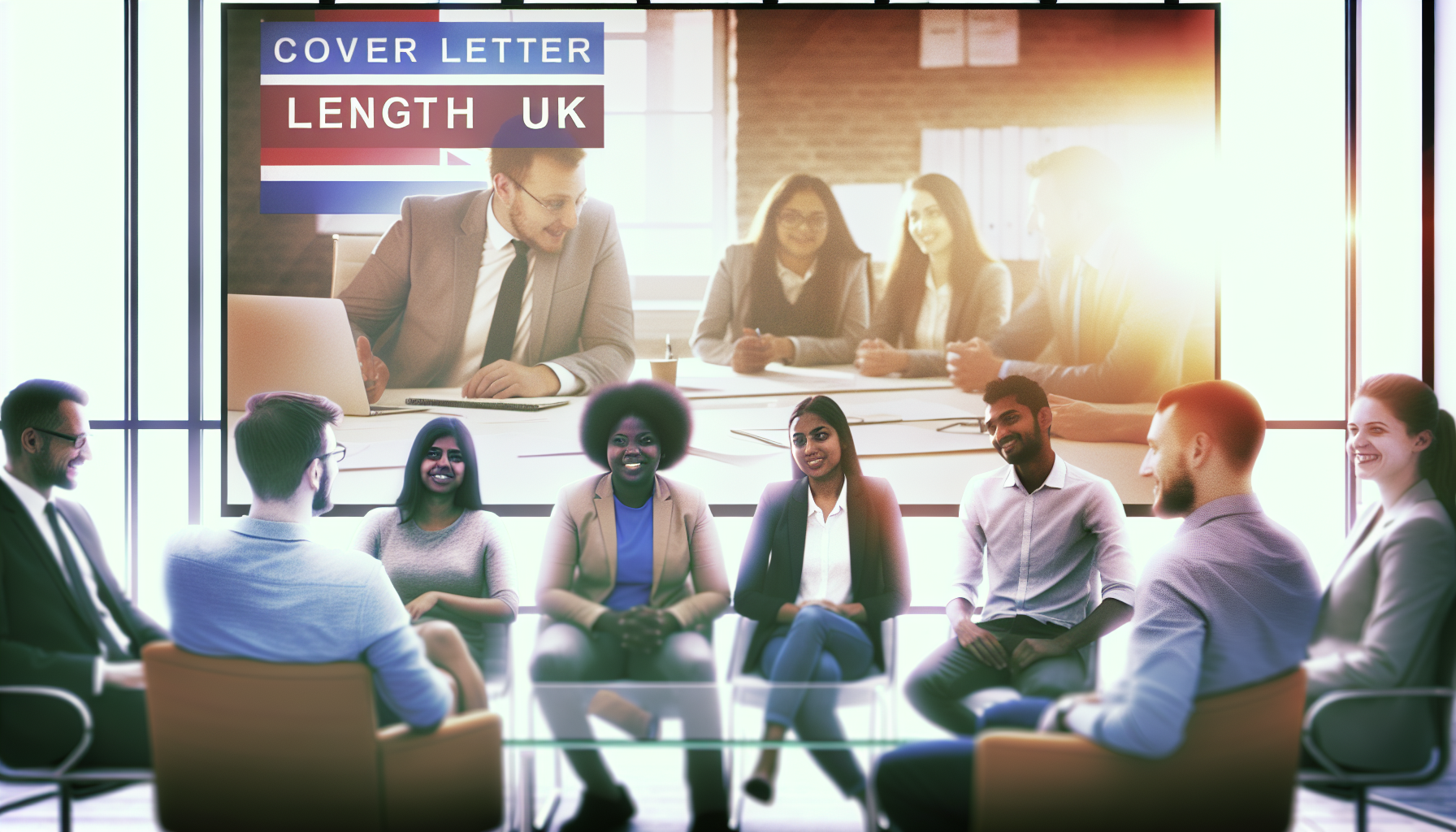 Diverse UK team in a relaxed discussion in a bright office.