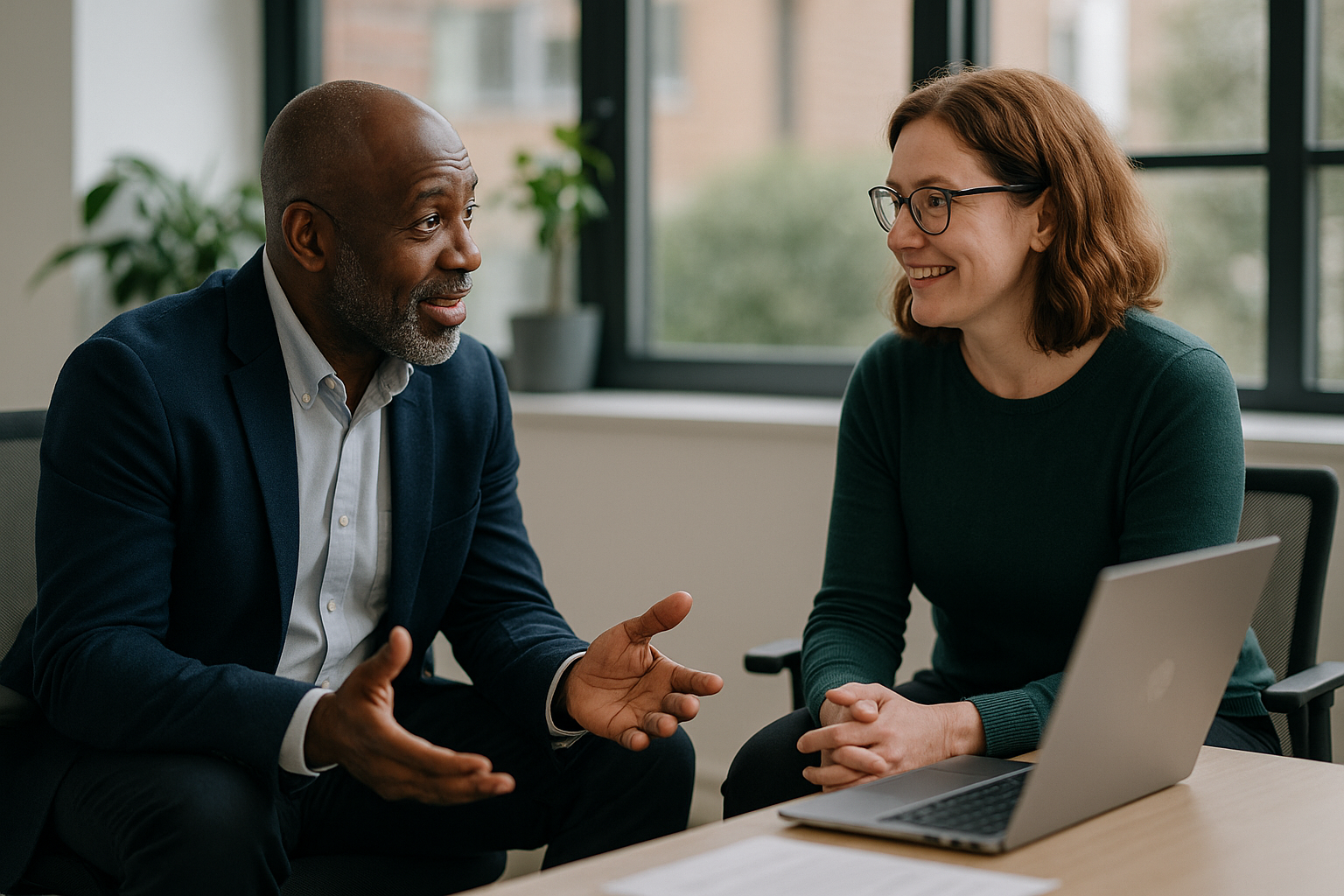 Two UK professionals discussing career next steps for LinkedIn headline generator UK