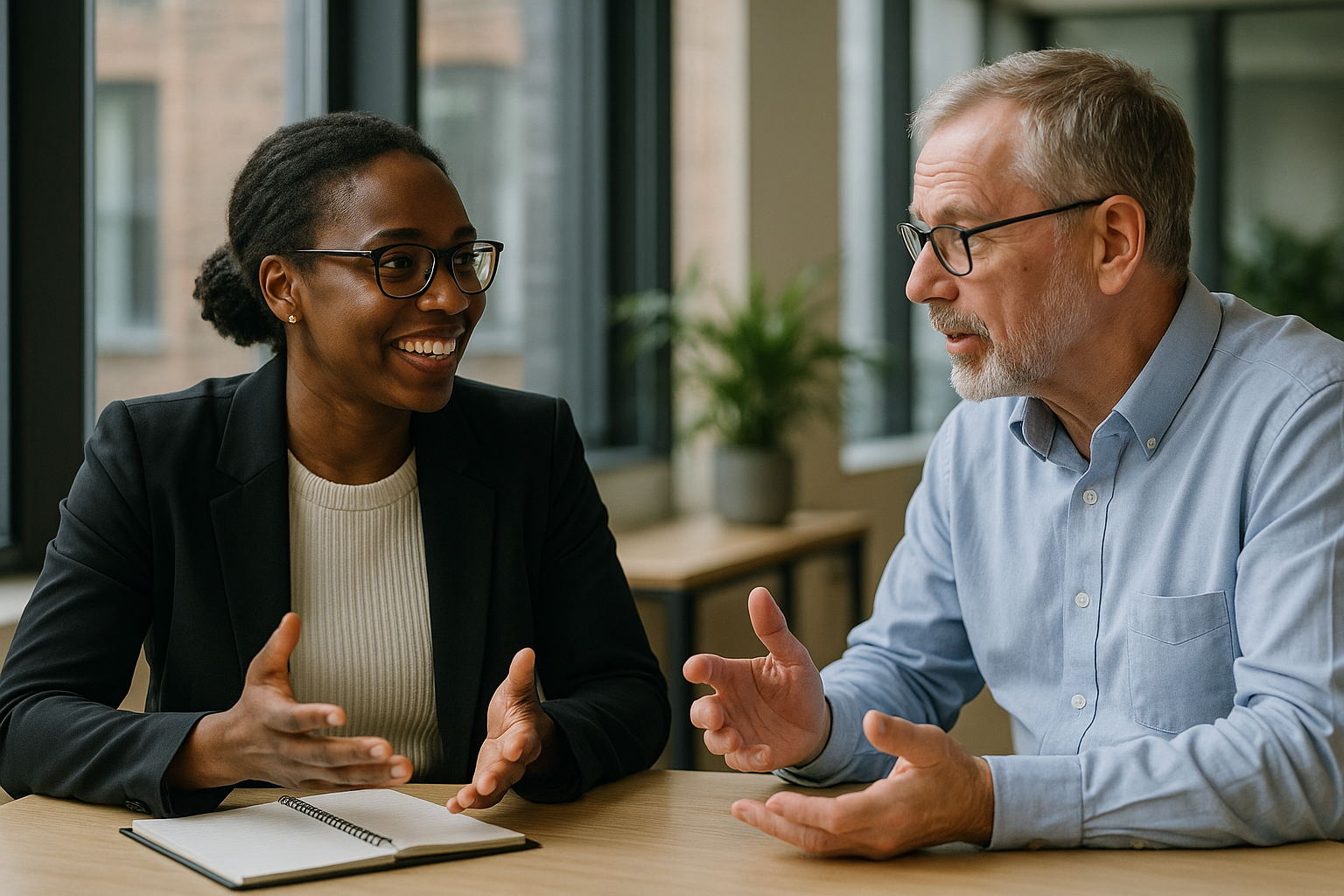 Two UK professionals discussing career next steps for career changer cover letter