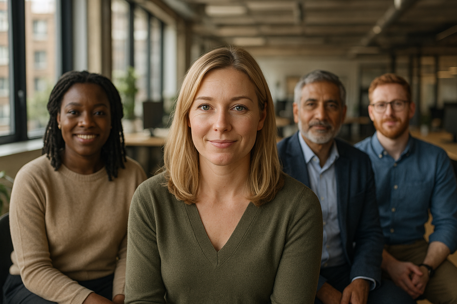 British professionals in a modern office discussing wellbeing policy UK