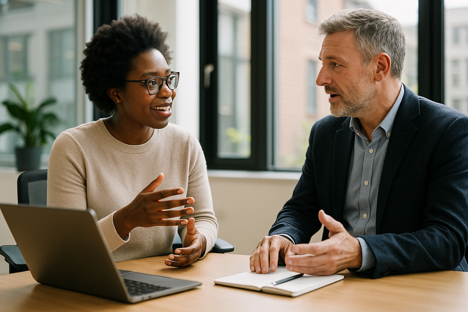 Two UK professionals discussing career next steps for wellbeing policy UK