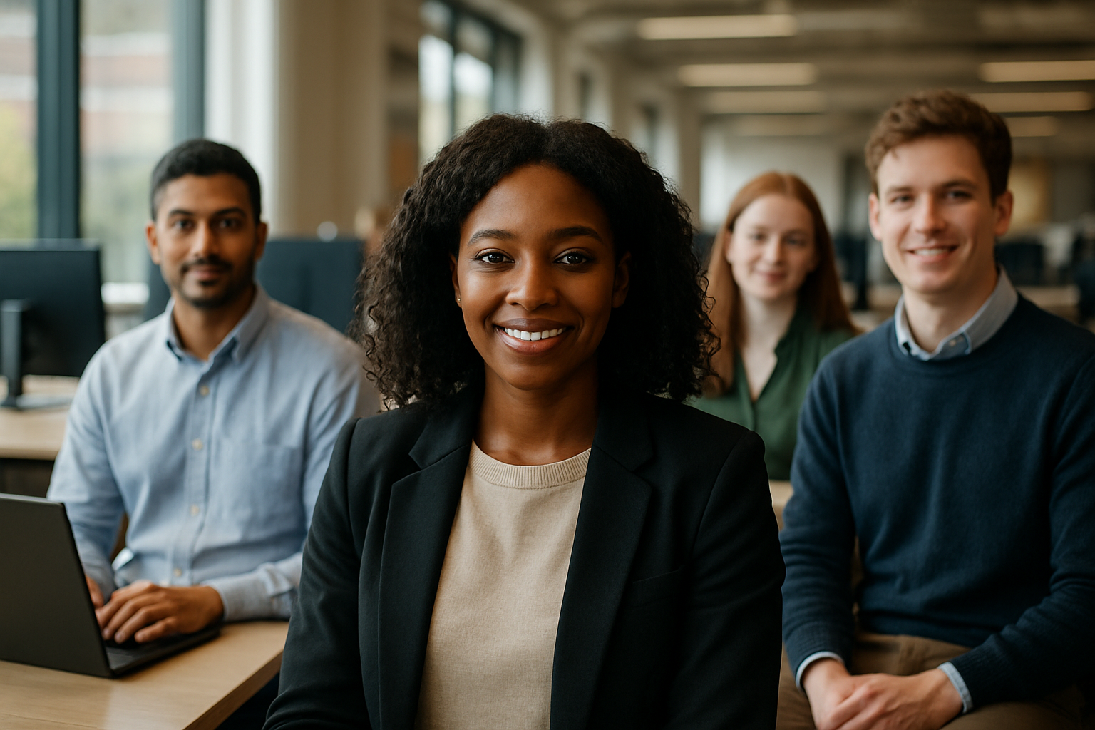 British professionals in a modern office discussing Entry level CV UK