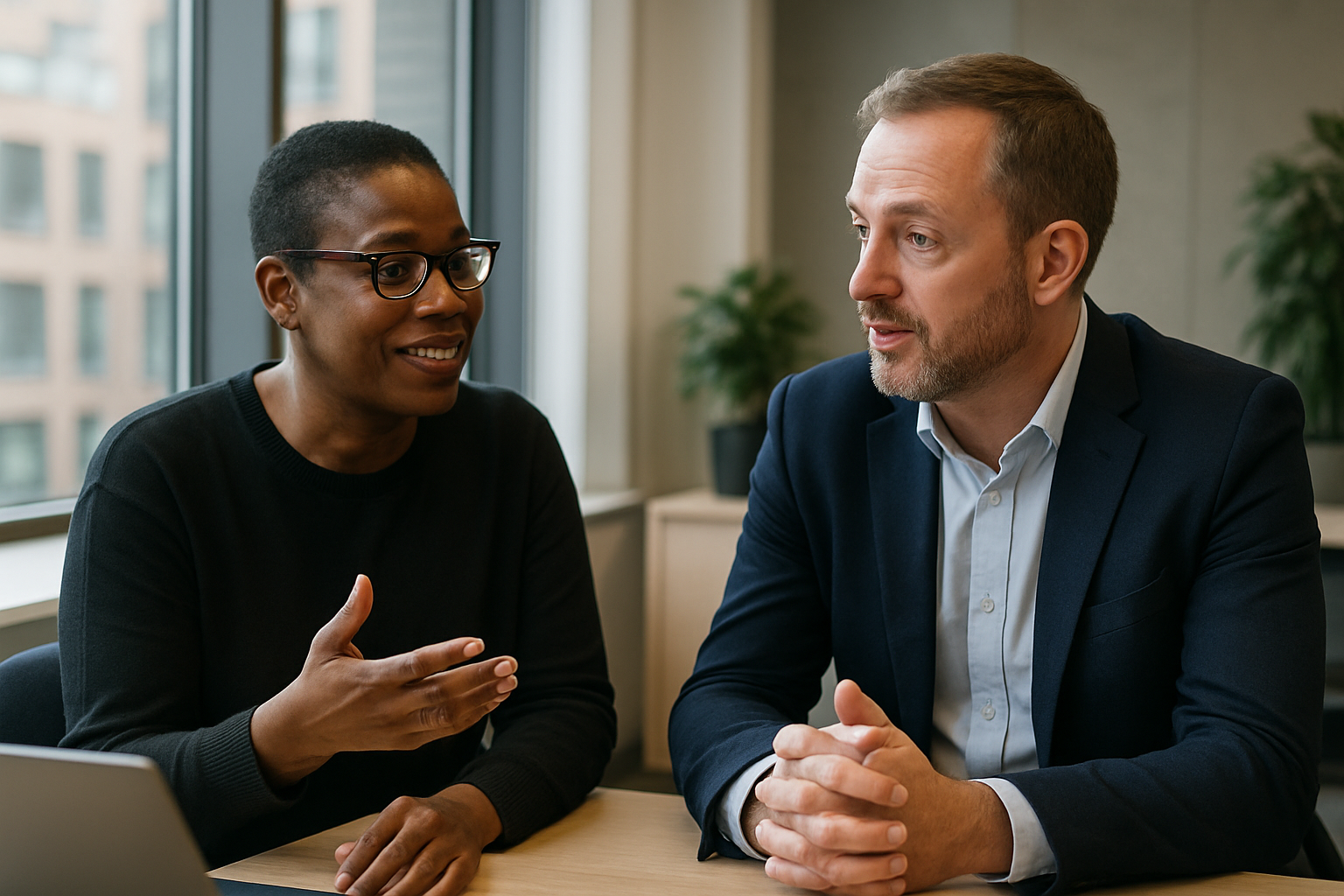Two UK professionals discussing career next steps for Entry level CV UK