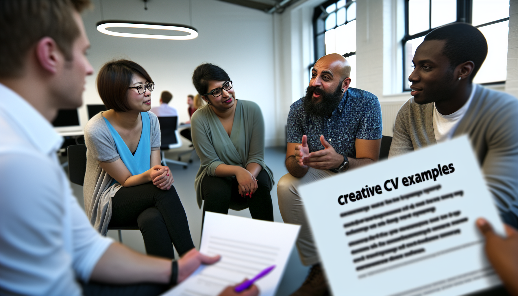 Relaxed discussion among UK professionals in bright office