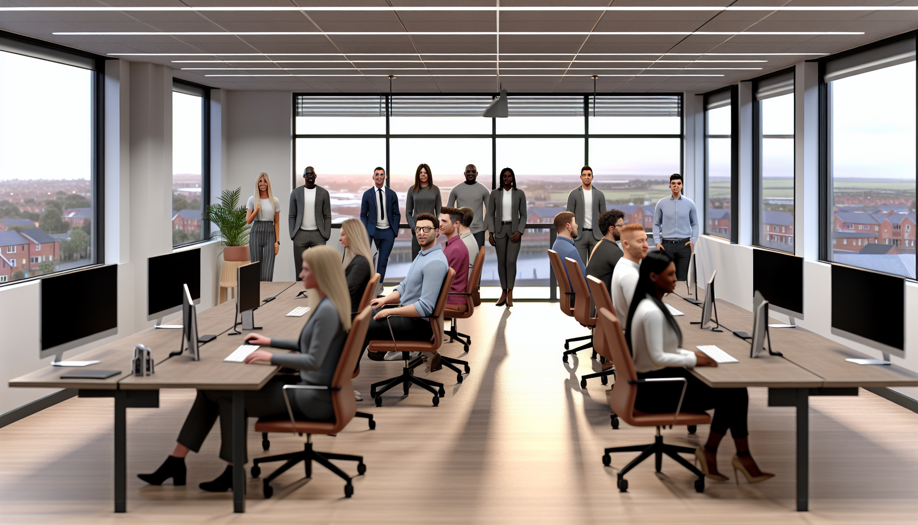 Diverse professionals in a UK office environment discussing part-time CVs