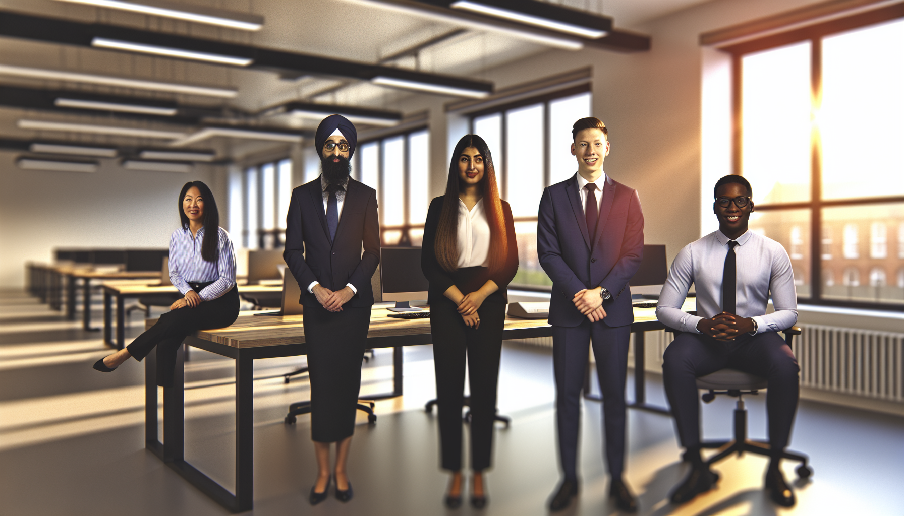 British professionals working in an open-plan office, diverse group, business casual.
