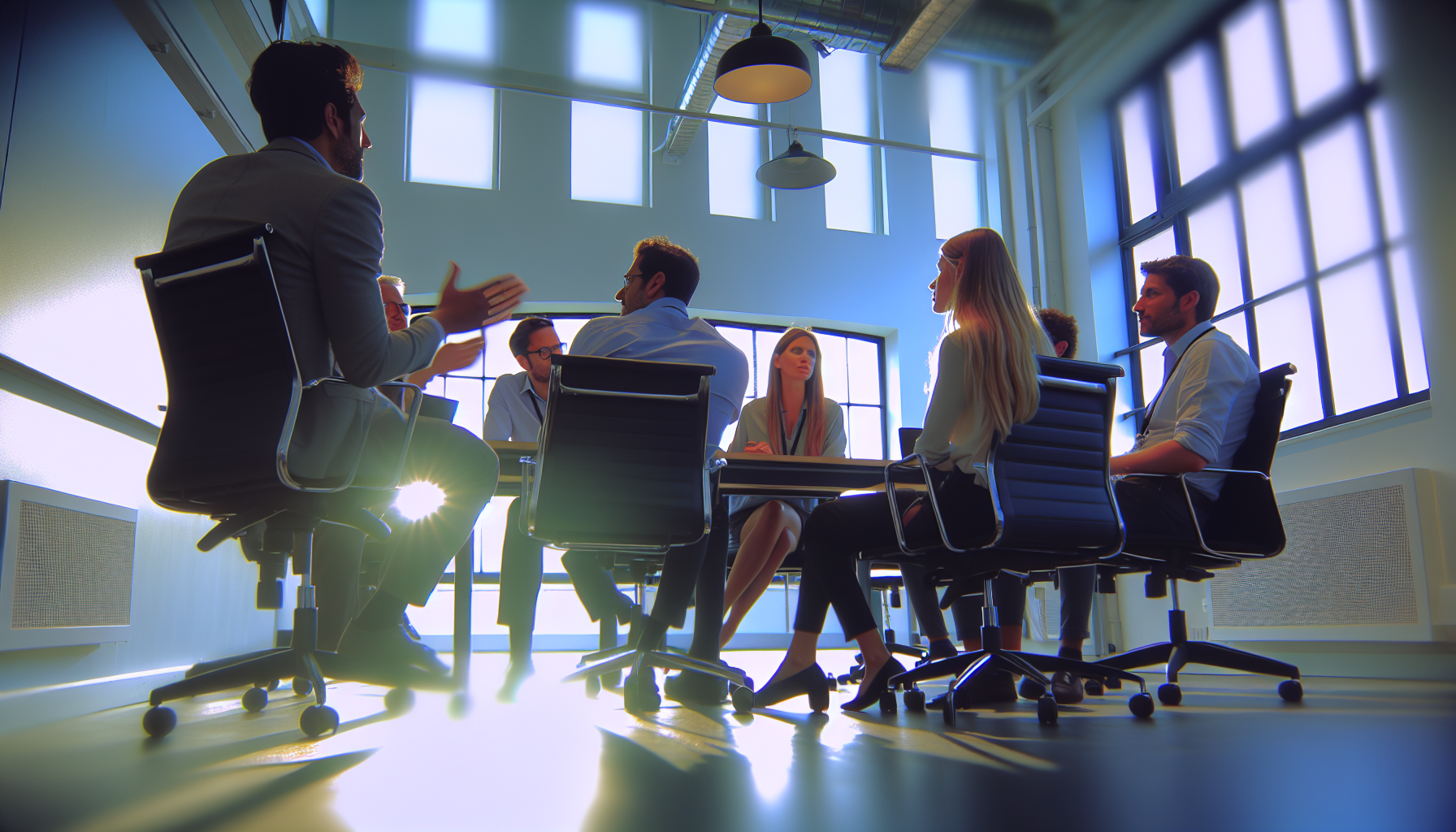 Team meeting with diverse UK professionals in modern office setting.