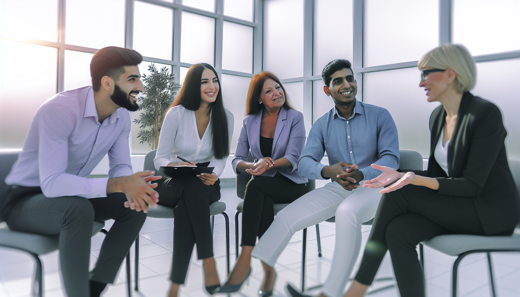 Diverse team in relaxed discussion in a bright UK office.