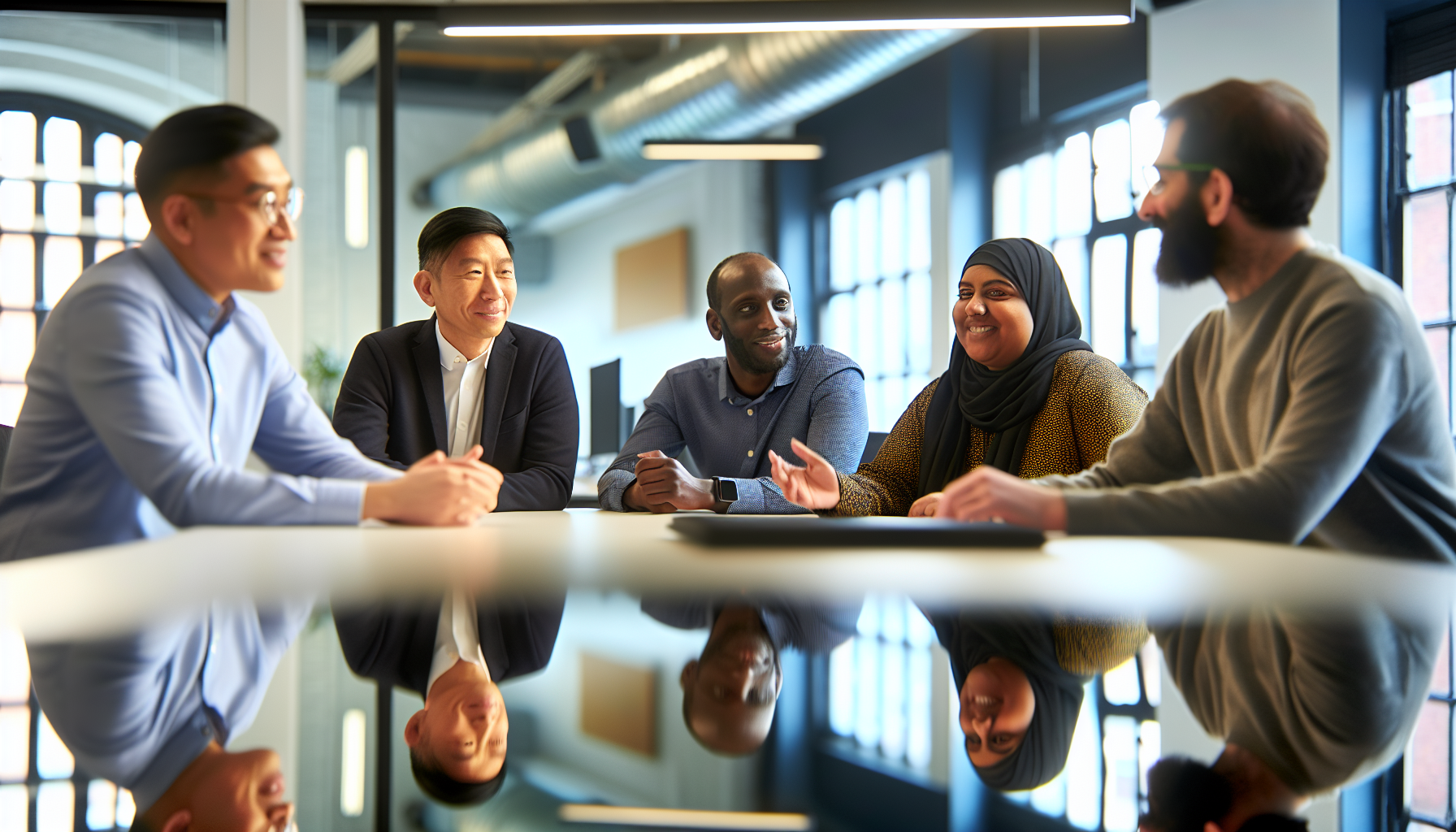 Team meeting with diverse UK professionals in modern office