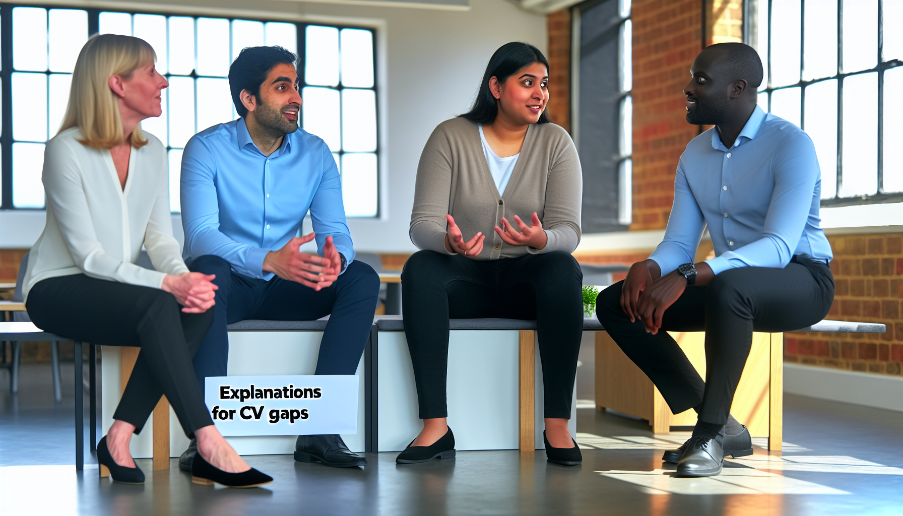Colleagues in collaborative discussion in a bright UK office