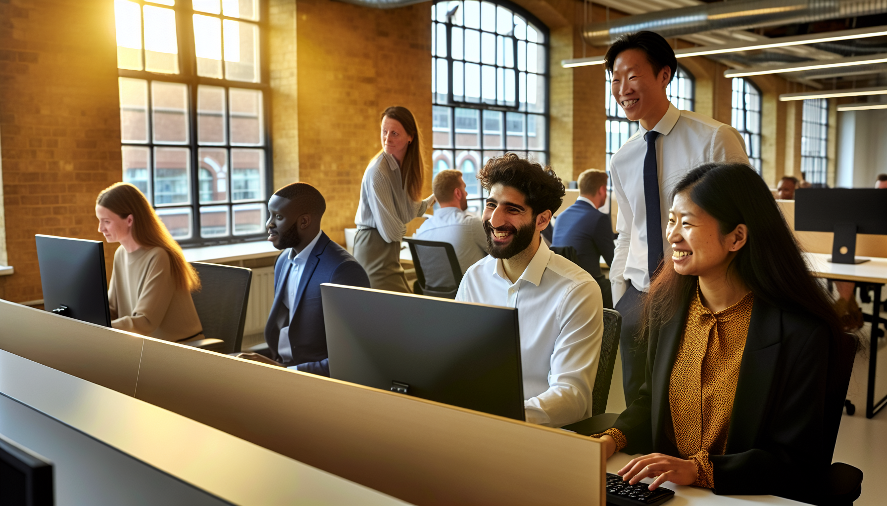 Diverse UK office workers collaborating in a modern office setting