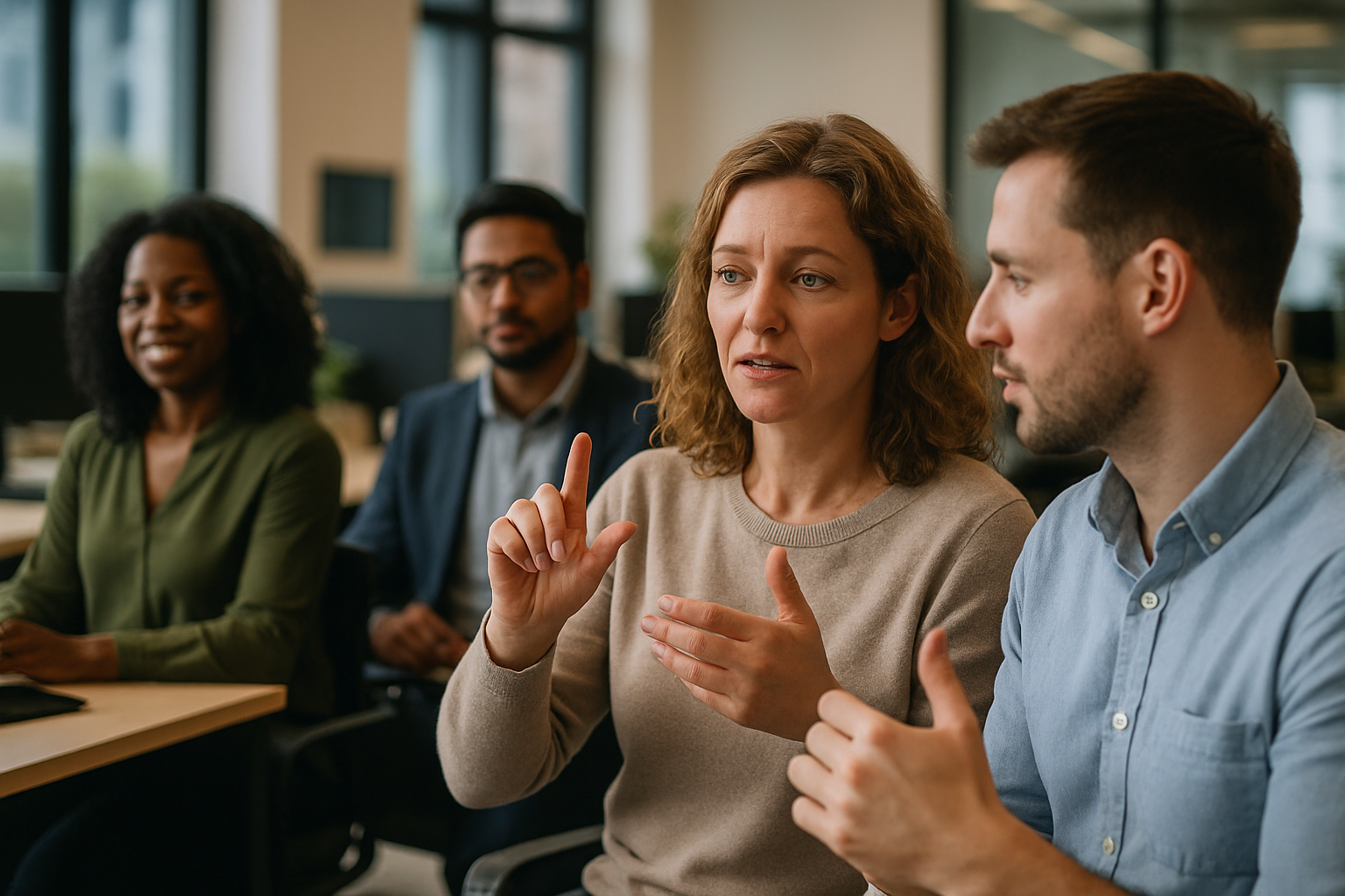 British professionals in a modern office discussing Deaf and HoH employment UK