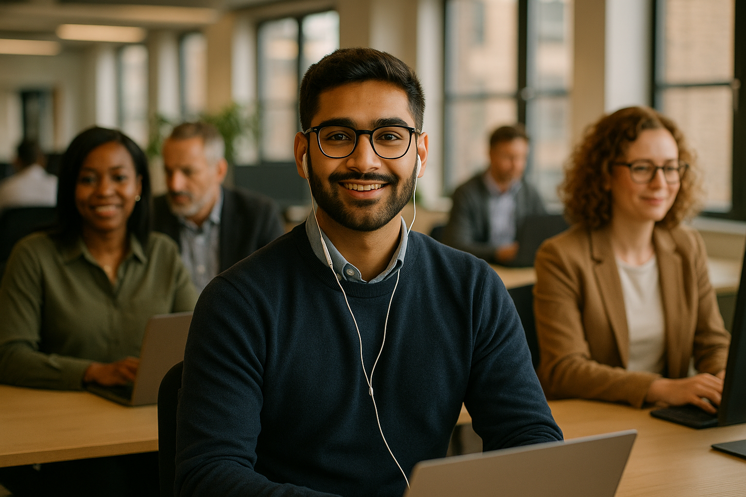 British professionals in a modern office discussing degree apprenticeship adult