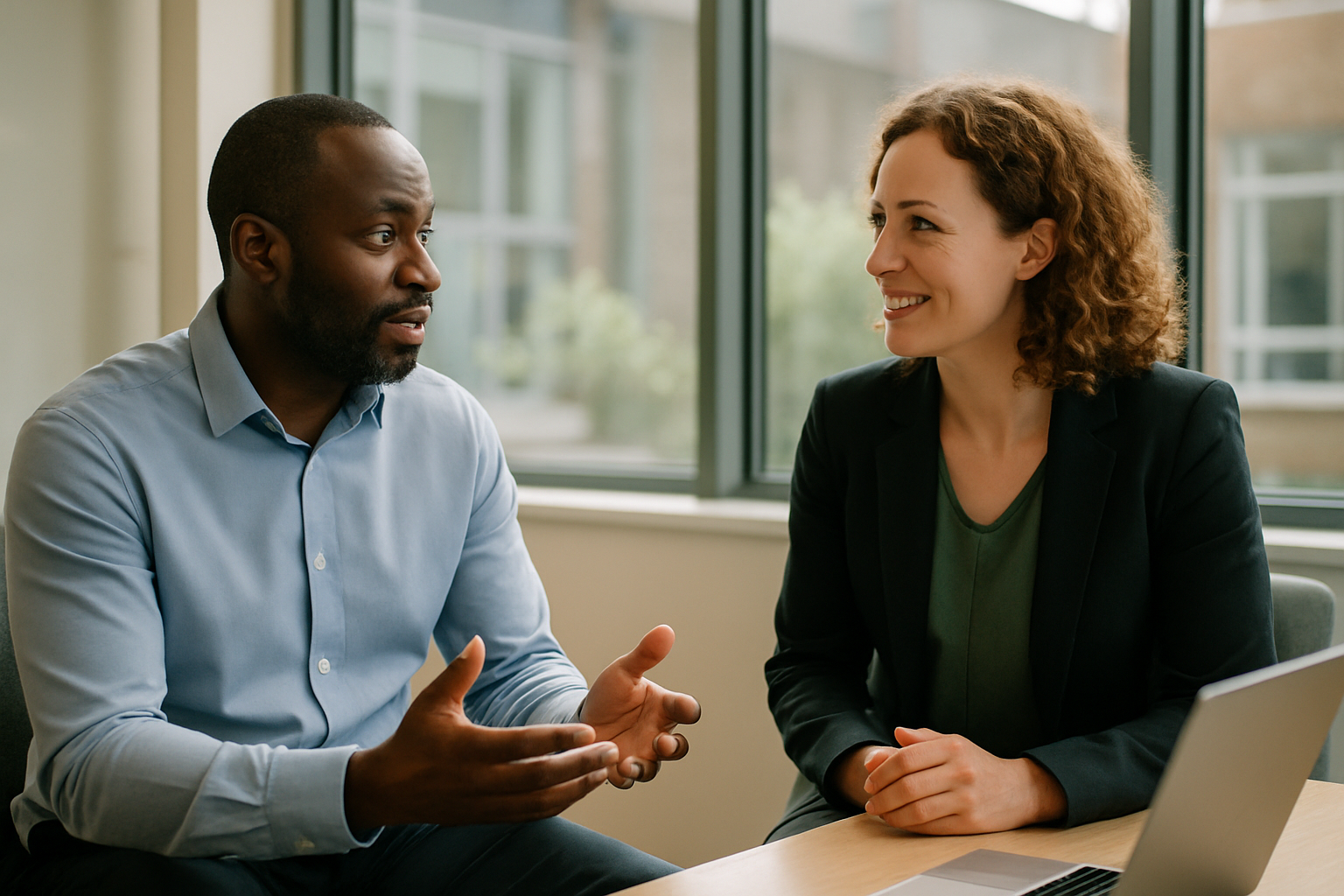 Two UK professionals discussing career next steps for degree apprenticeship adult