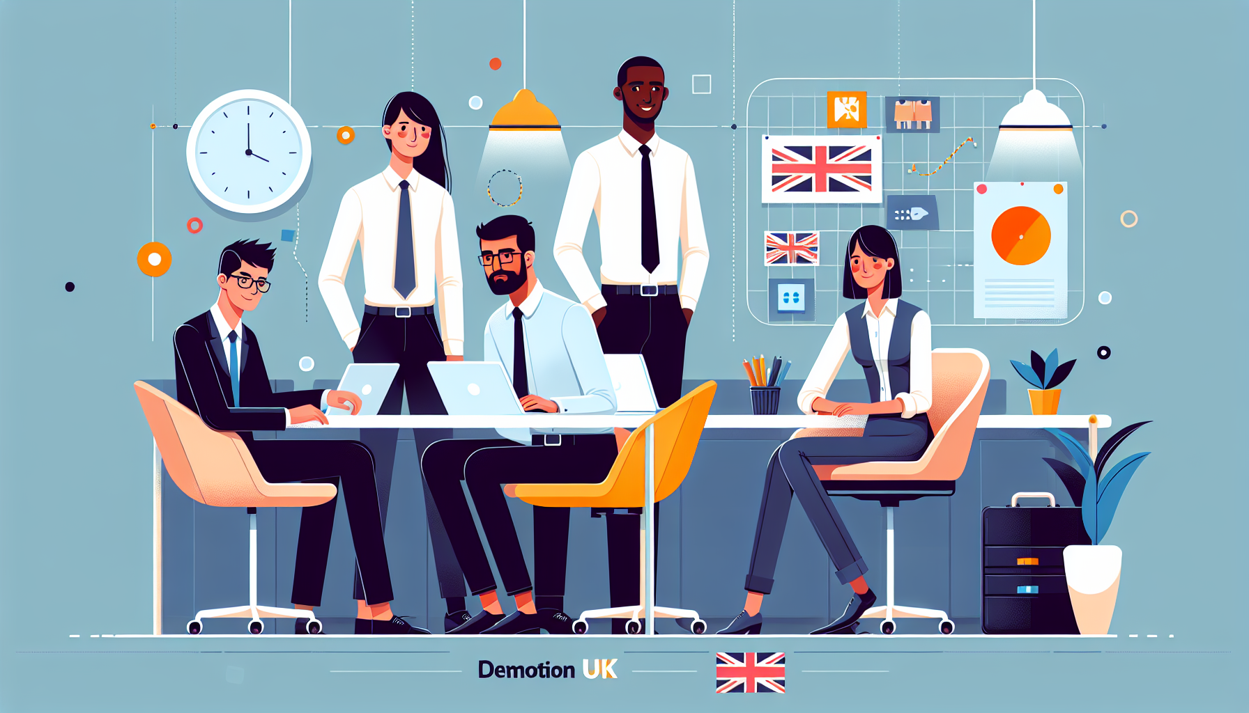 Diverse UK professionals discussing demotion in an office.