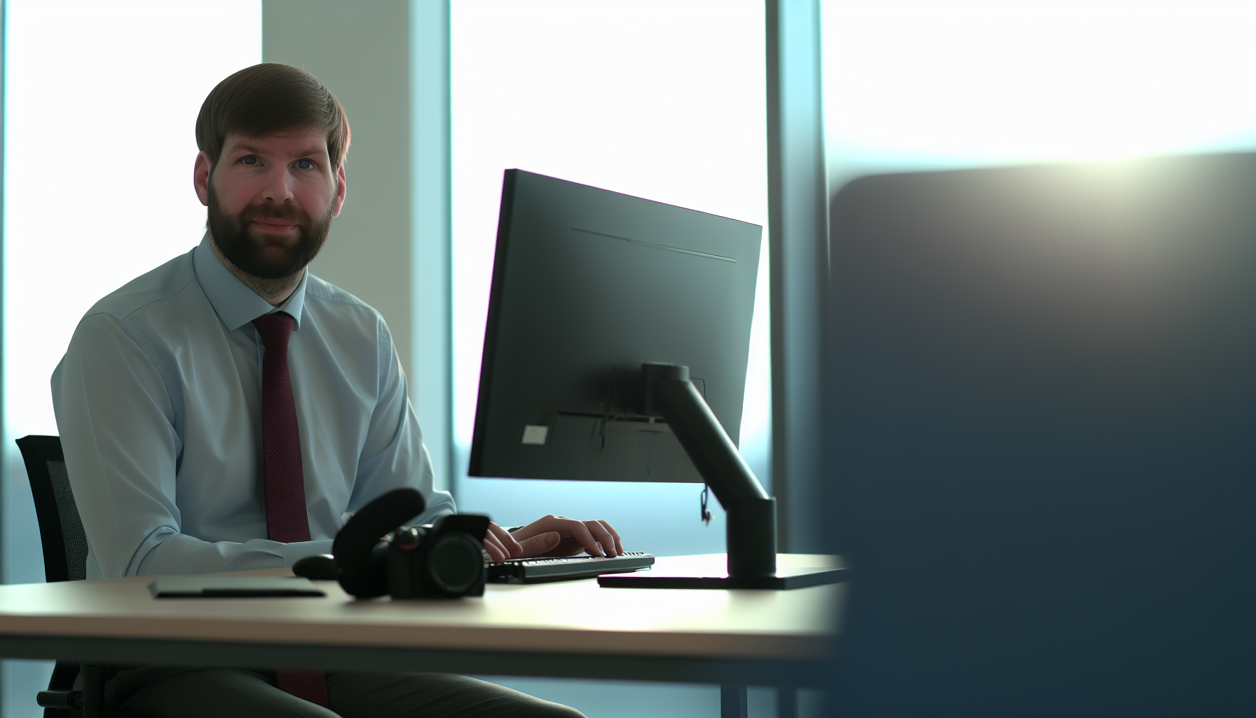UK professional working at desk in tidy office