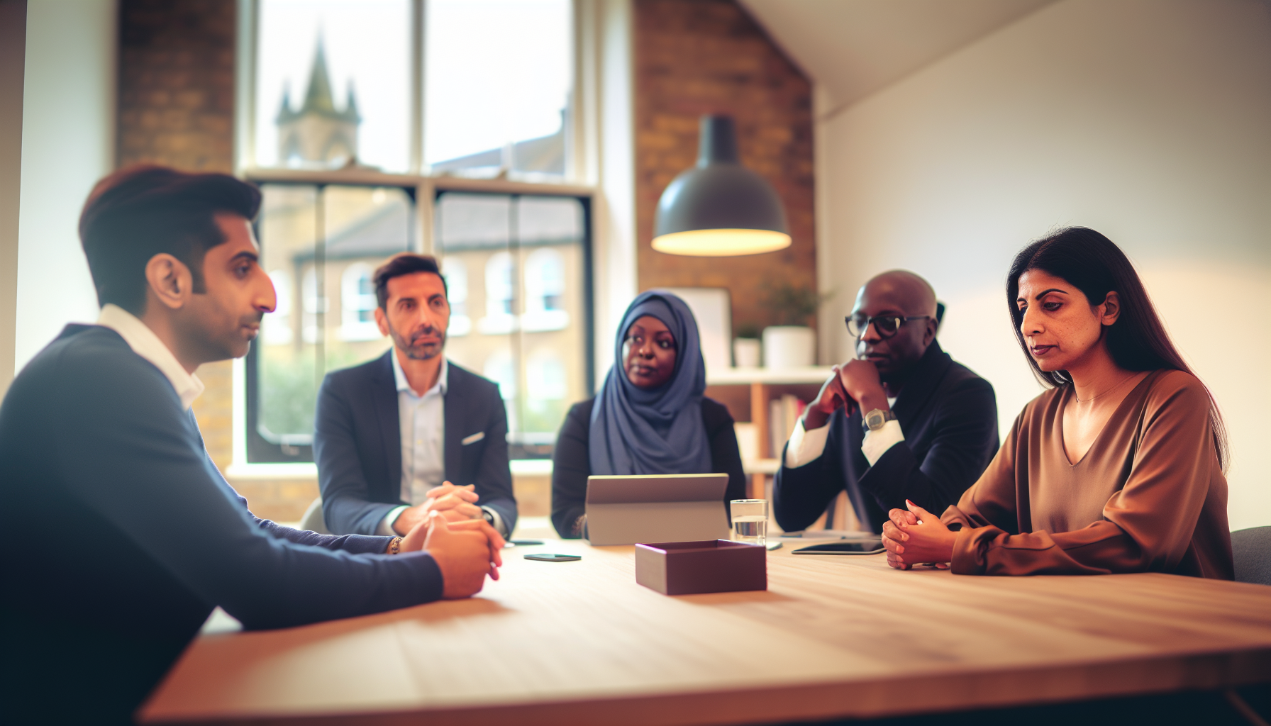Diverse team in a candid meeting in a modern UK office.