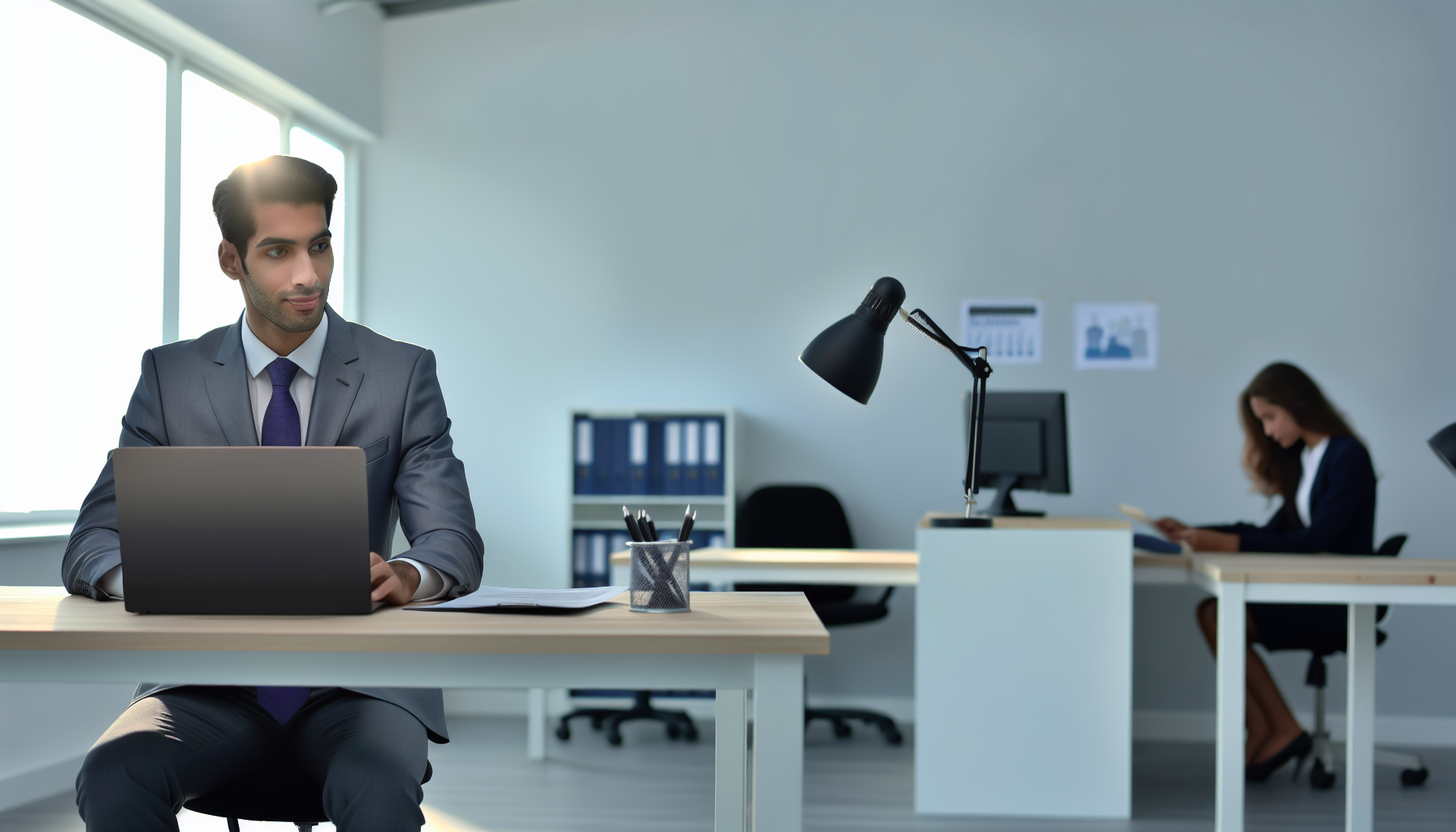 British professional focused on work at a tidy desk in an office.