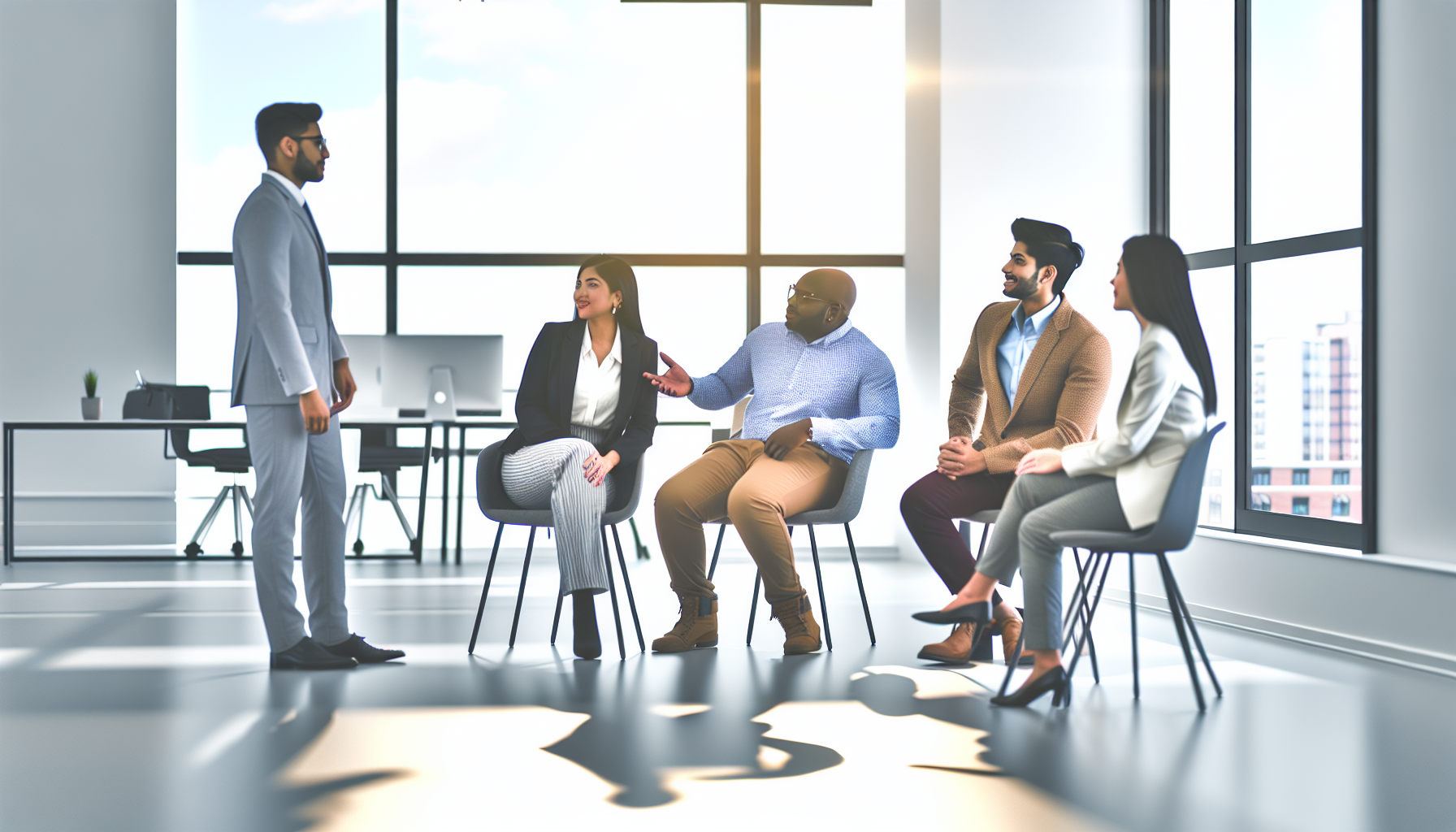 Group of UK professionals in a collaborative discussion in office.