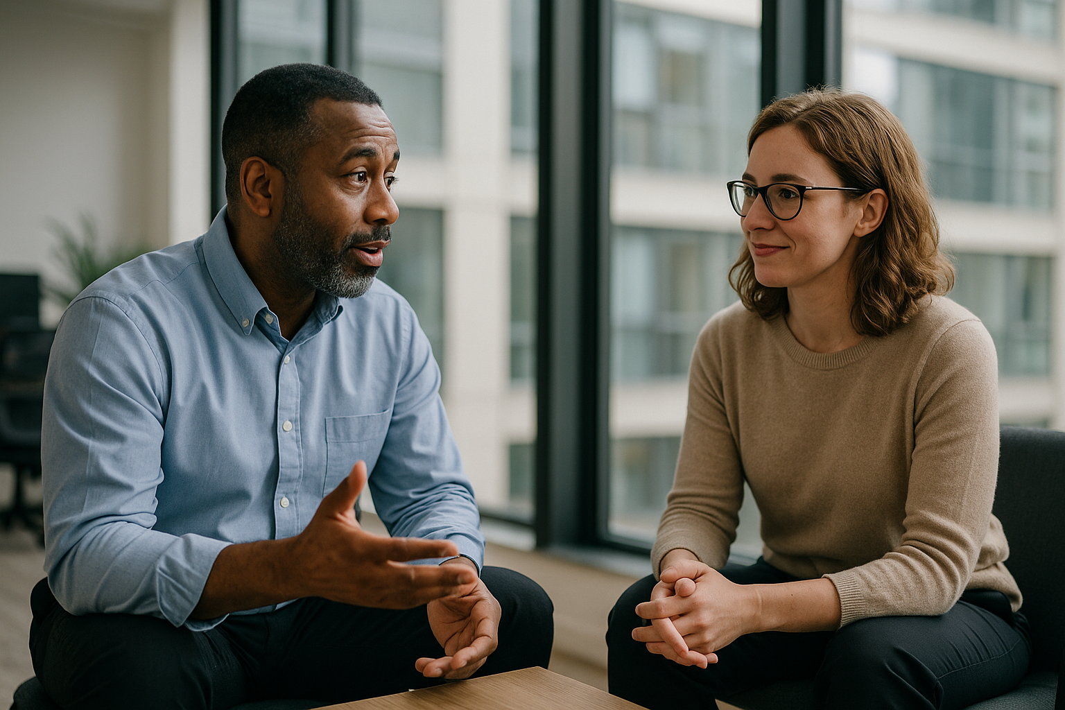 Two UK professionals discussing career next steps for Epidemiologist UK