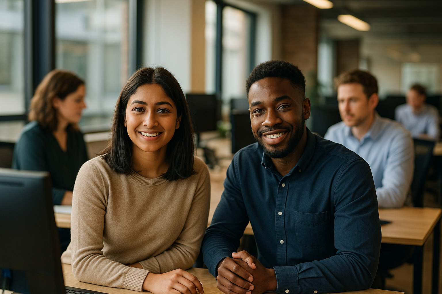 British professionals in a modern office discussing apprenticeship UK