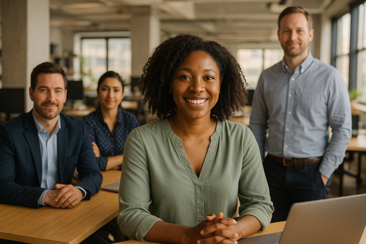 British professionals in a modern office discussing interview question bank UK