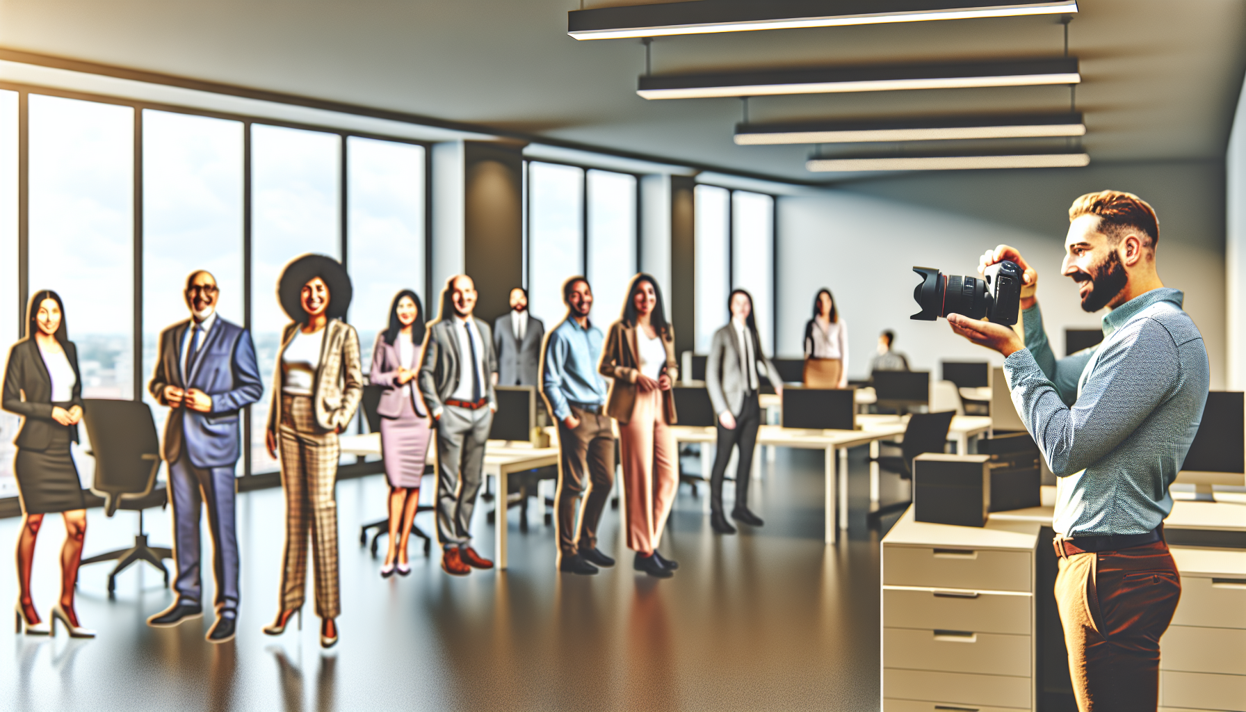 Diverse group of professionals working in an open-plan office.