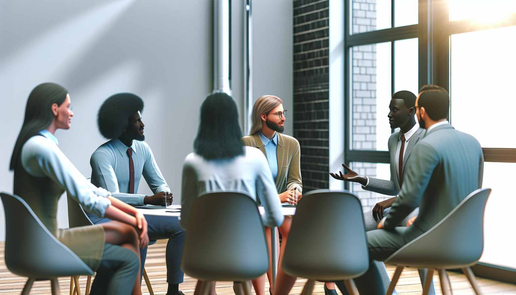 Team meeting with diverse professionals in a modern office.
