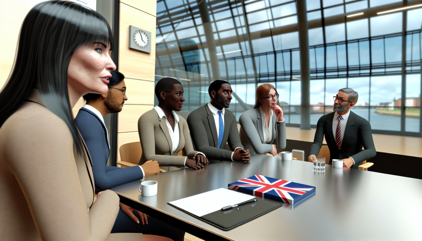 Team meeting discussing executive pay strategies in UK office