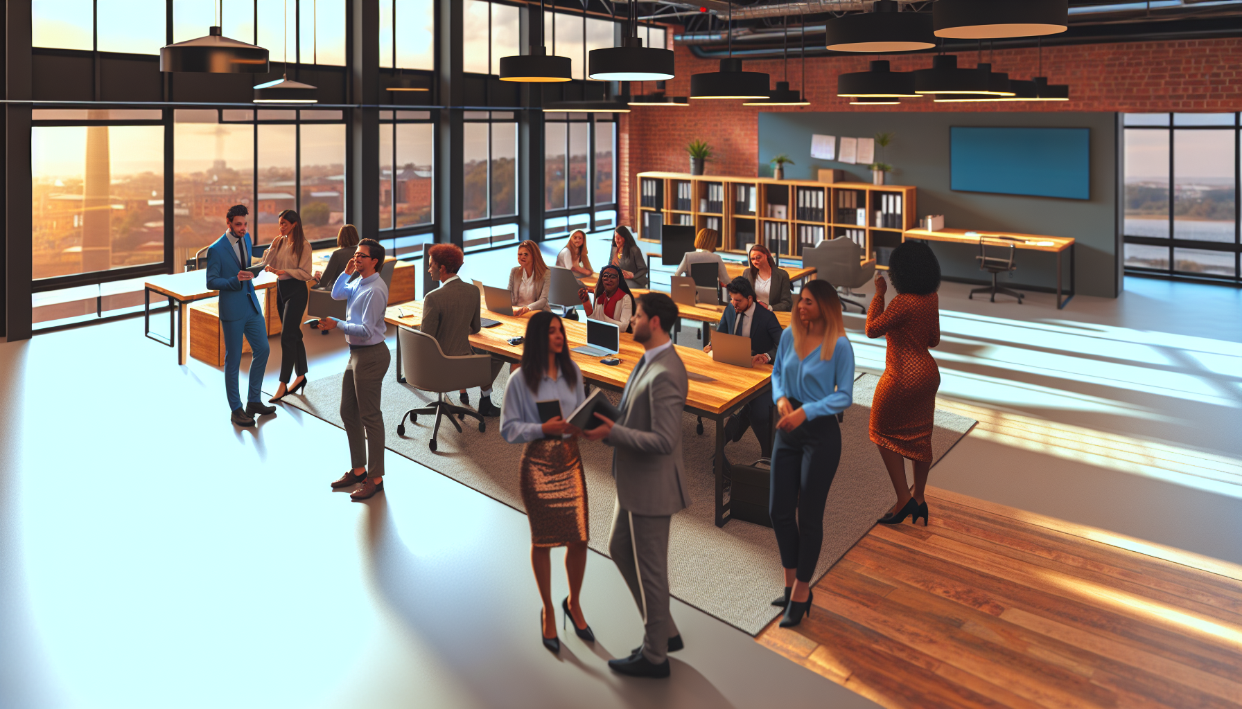 British professionals in an open-plan office discussing executive recruitment
