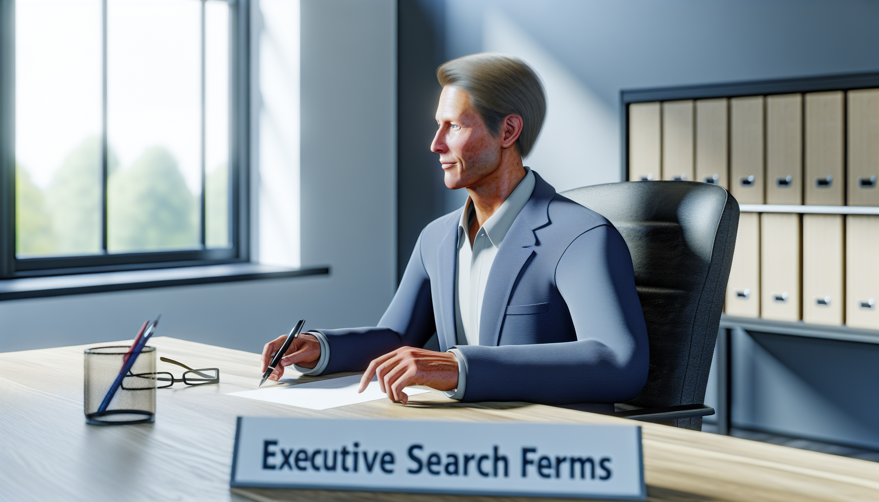 UK professional focused on executive search tasks at a desk