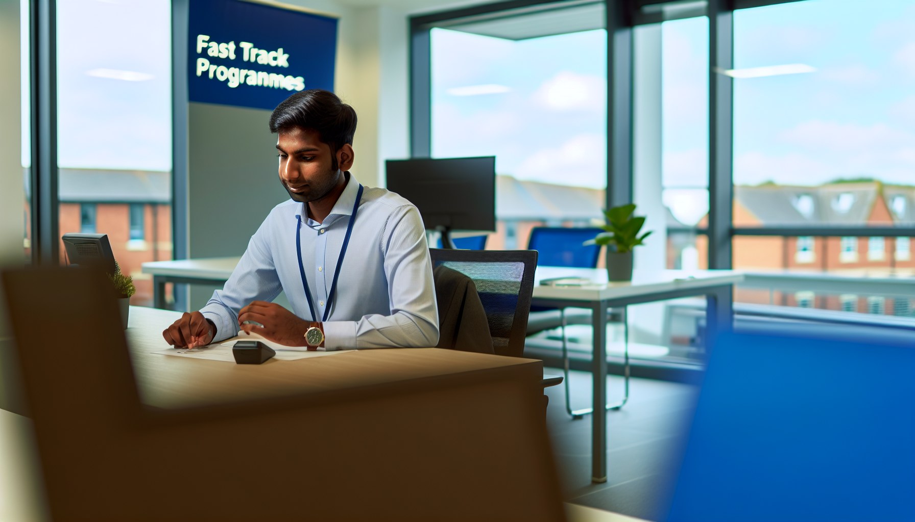 UK professional focused on work at a tidy desk