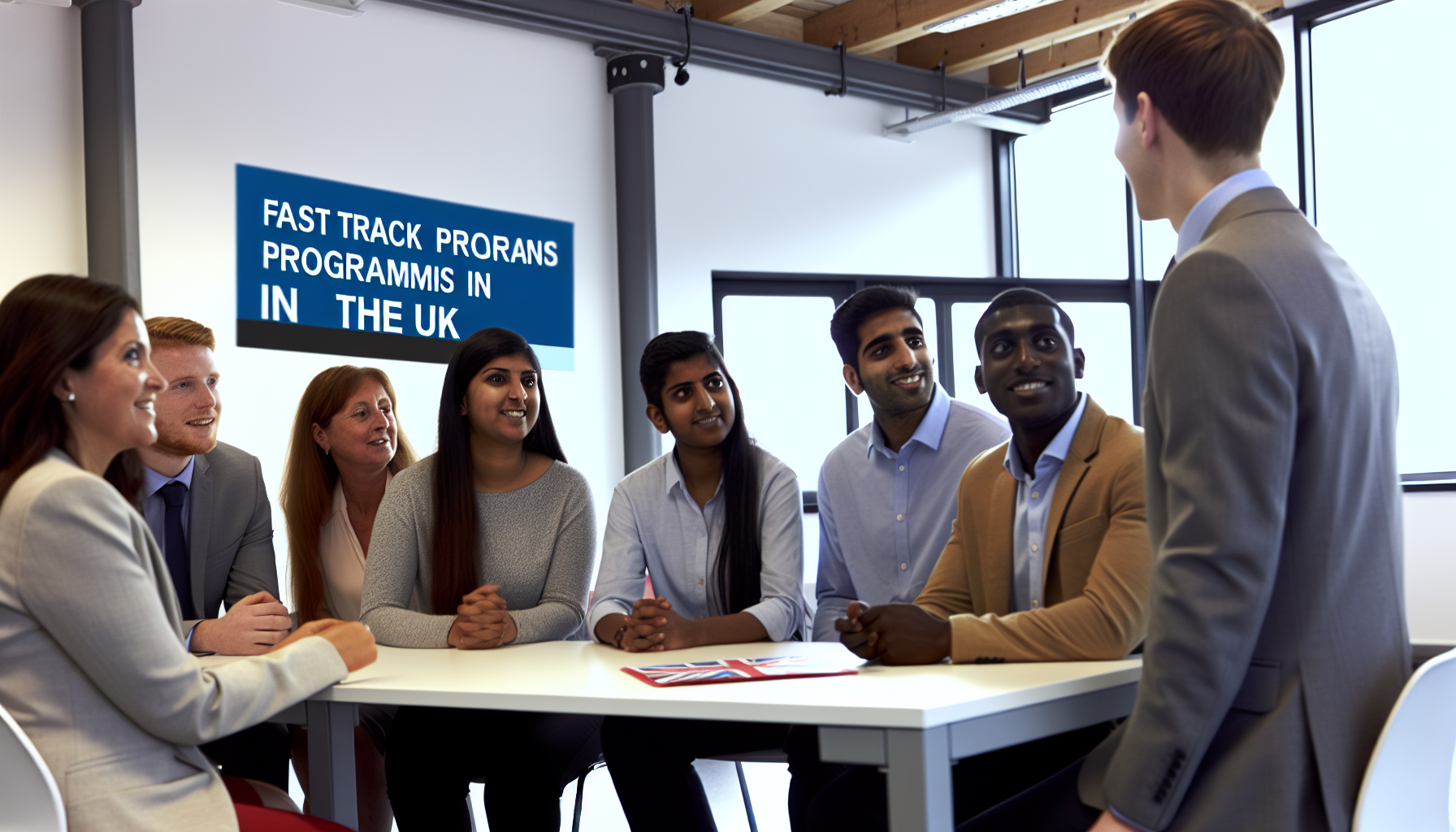 Diverse UK team in a collaborative office discussion