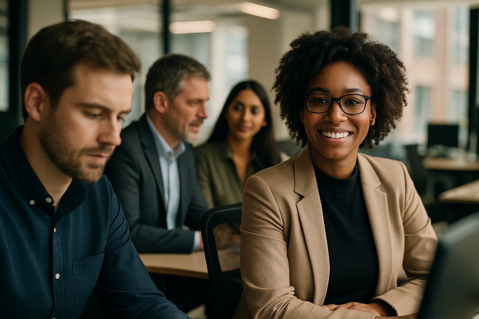British professionals in a modern office discussing employment law advisor UK