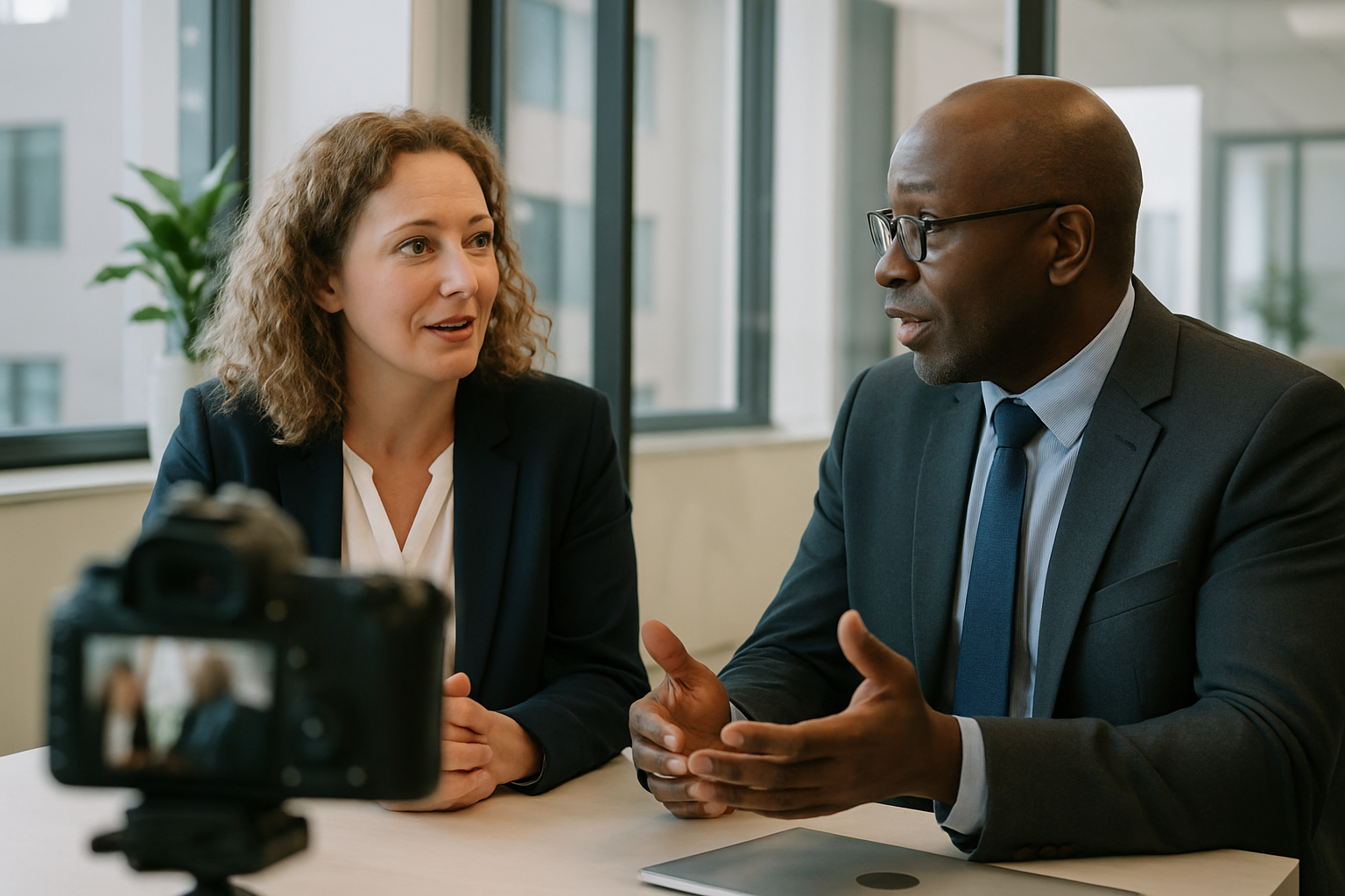 Two UK professionals discussing career next steps for employment law advisor UK