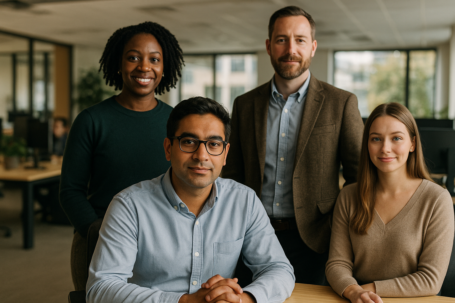 British professionals in a modern office discussing New Forest jobs