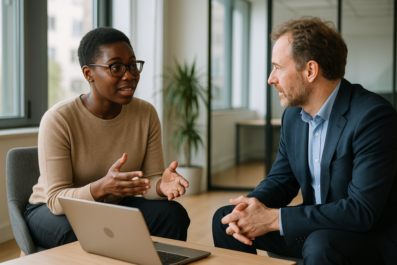 Two UK professionals discussing career next steps for New Forest jobs