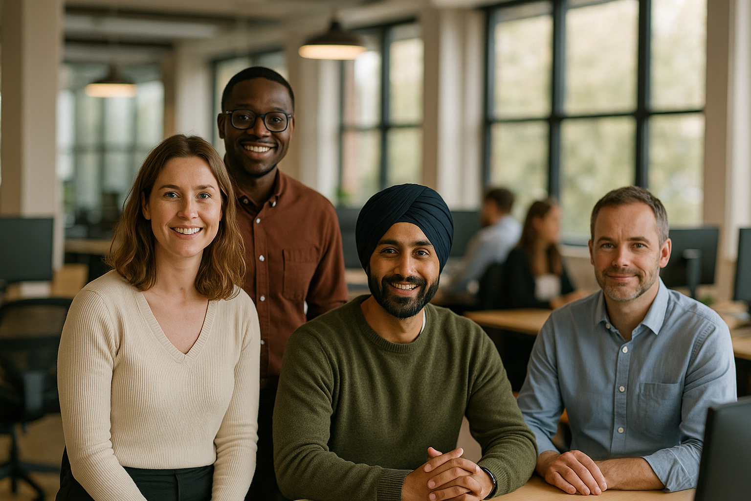 British professionals in a modern office discussing Peak District jobs