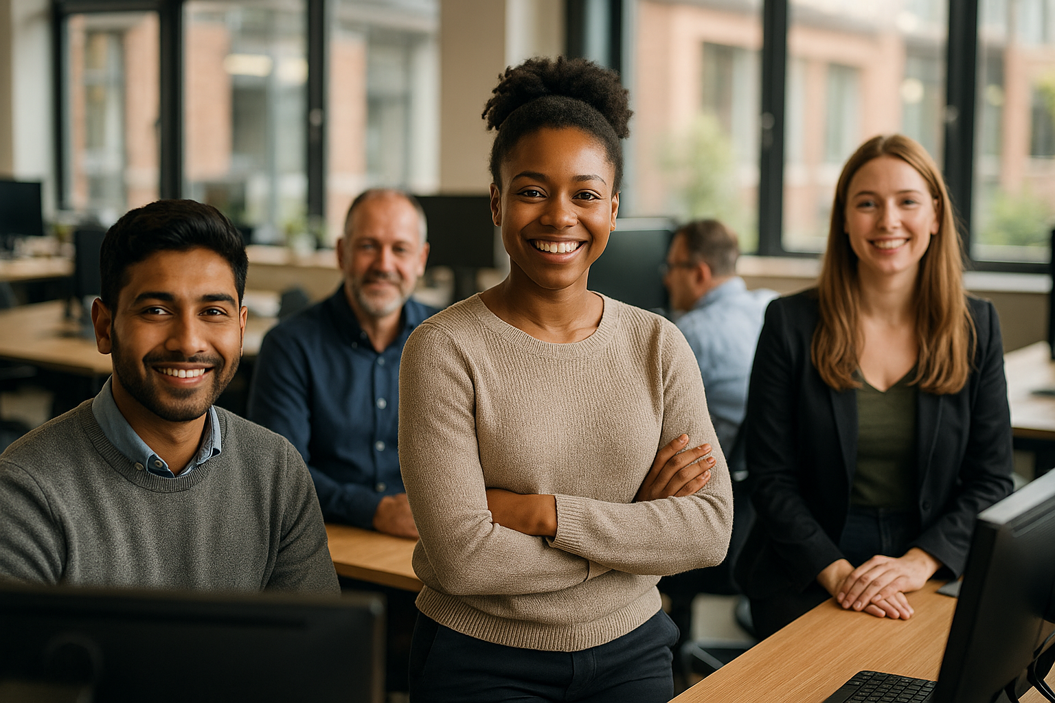 British professionals in a modern office discussing North East jobs UK