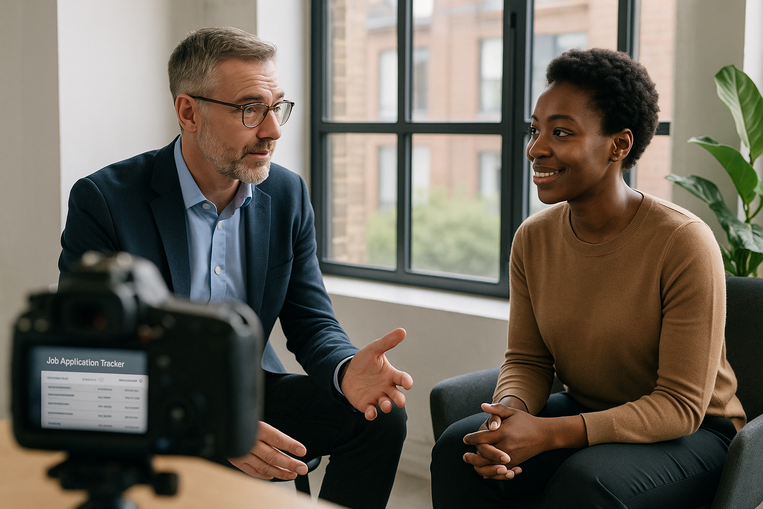 Two UK professionals discussing career next steps for North East jobs UK
