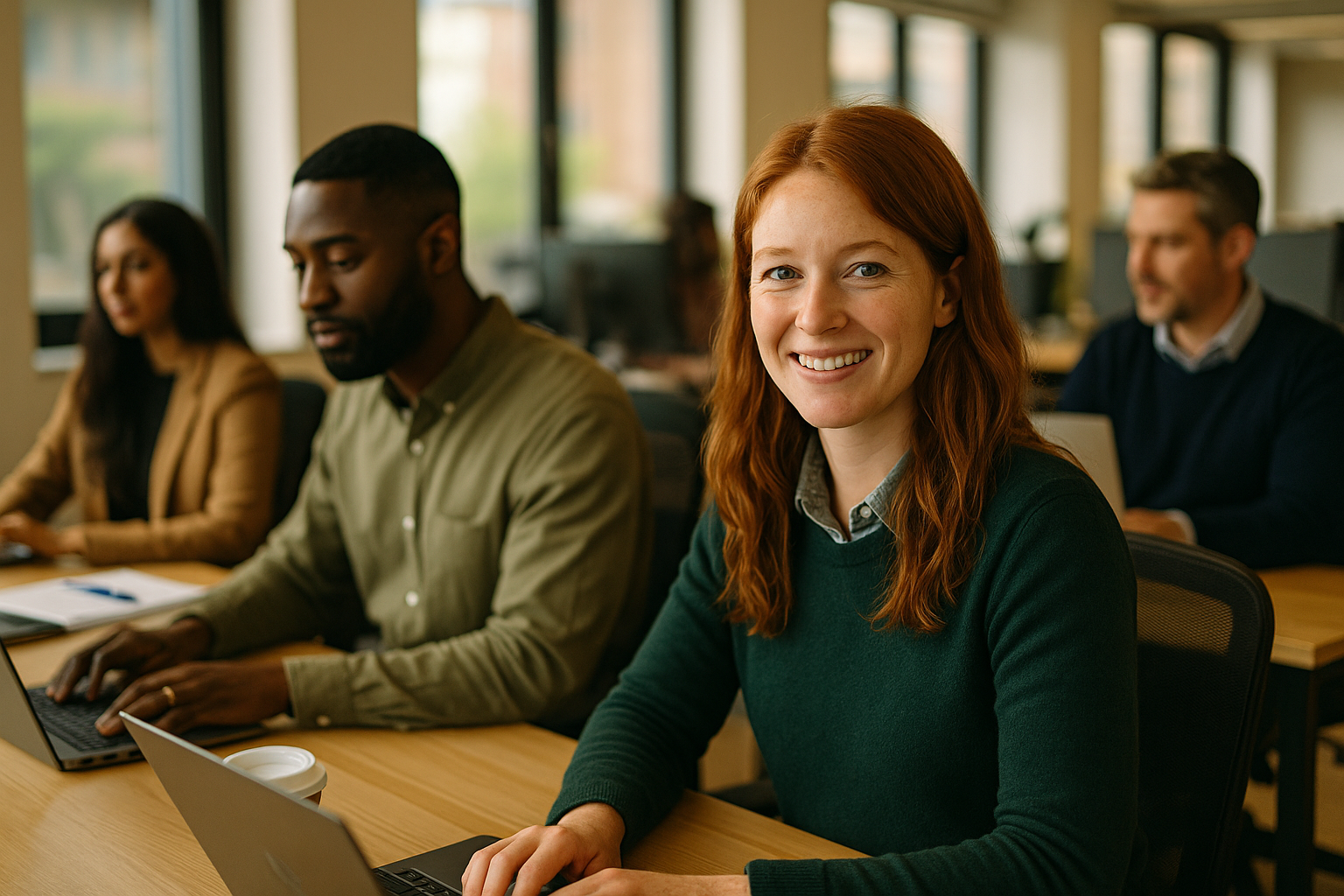 British professionals in a modern office discussing Scottish Highlands jobs