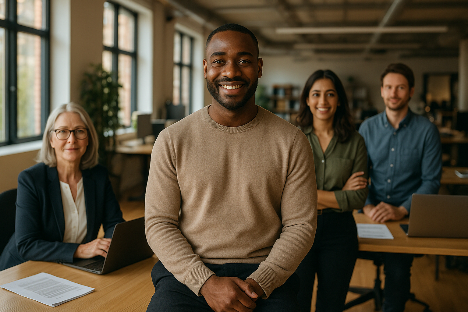 British professionals in a modern office discussing purpose driven work
