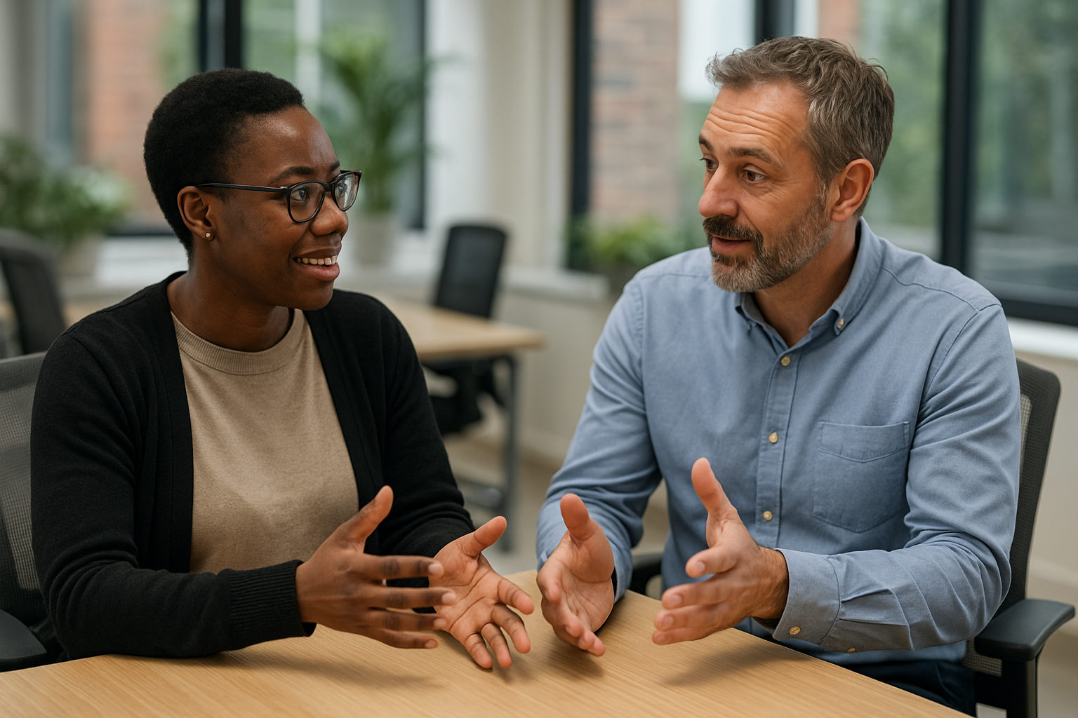 Two UK professionals discussing career next steps for purpose driven work