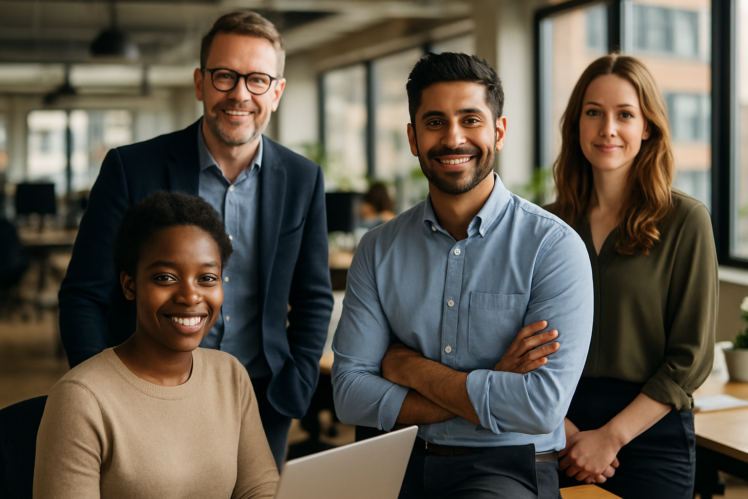 British professionals in a modern office discussing UK visa sponsorship jobs