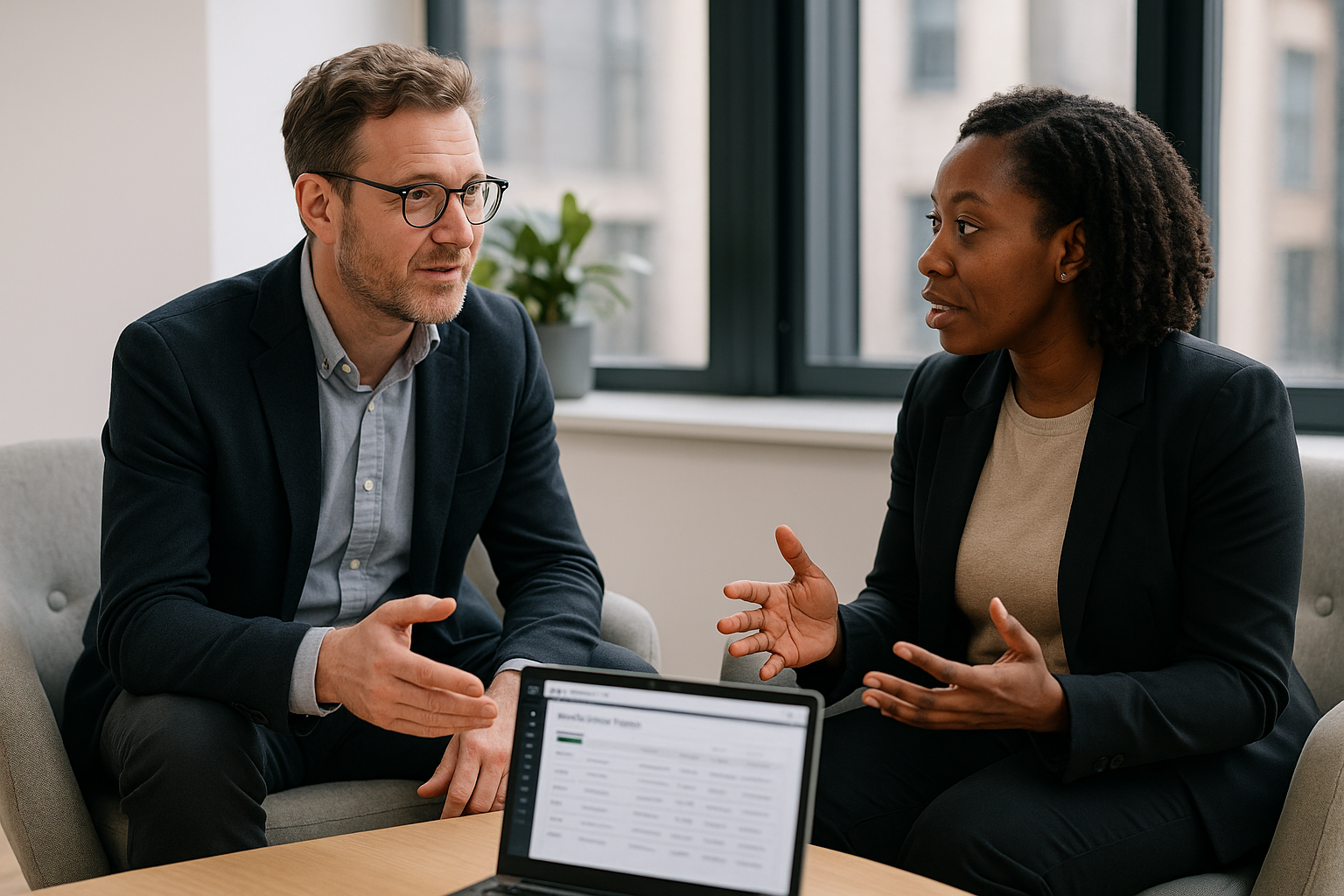Two UK professionals discussing career next steps for UK visa sponsorship jobs