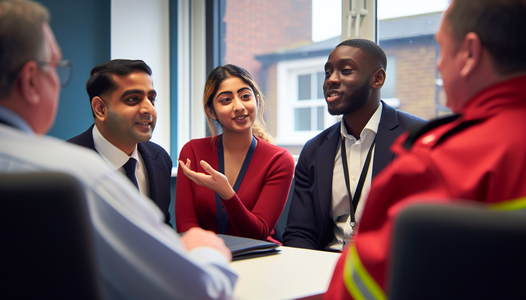 UK workplace team meeting with diverse professionals