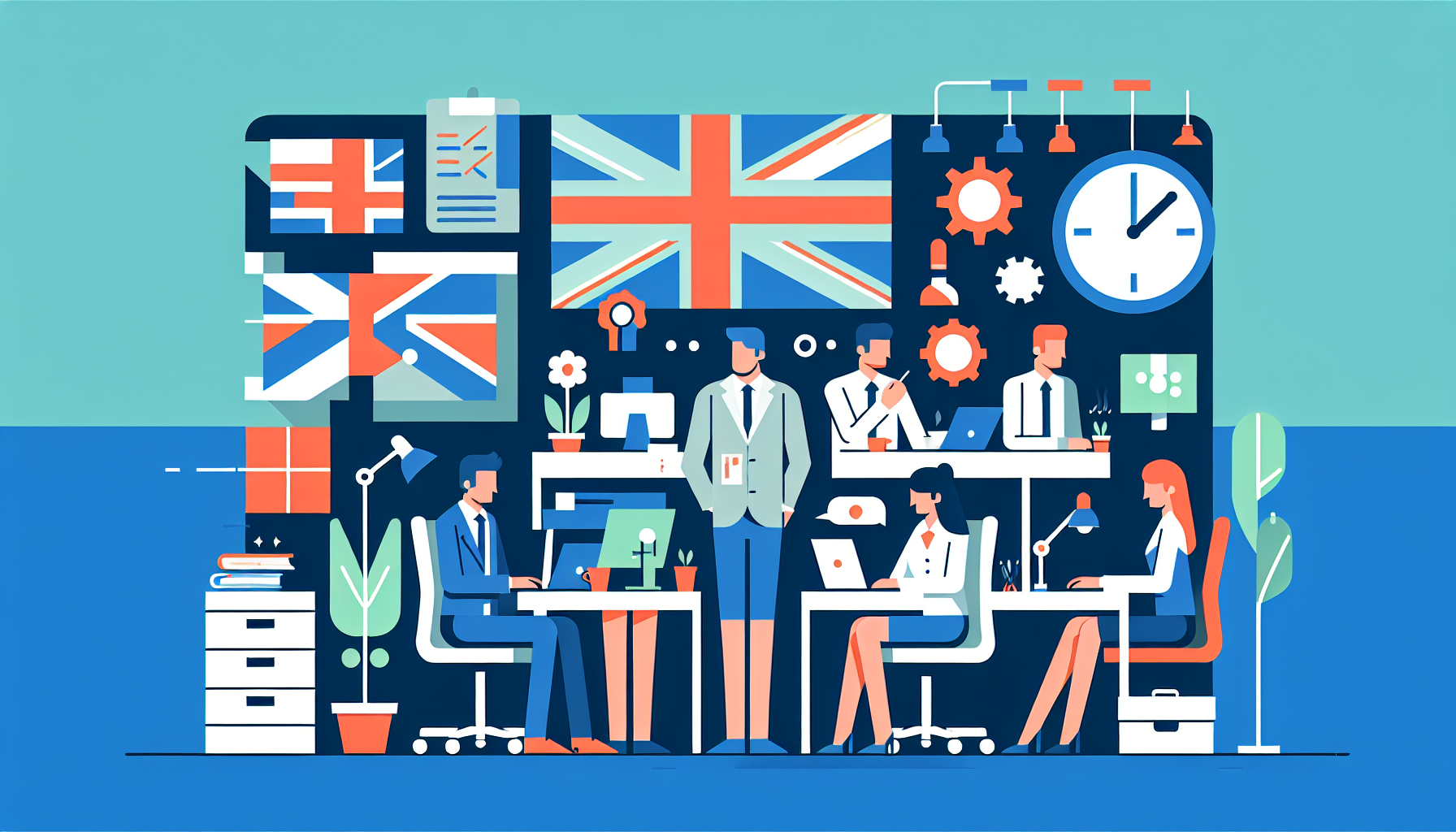 Animated UK professionals in a modern office setting